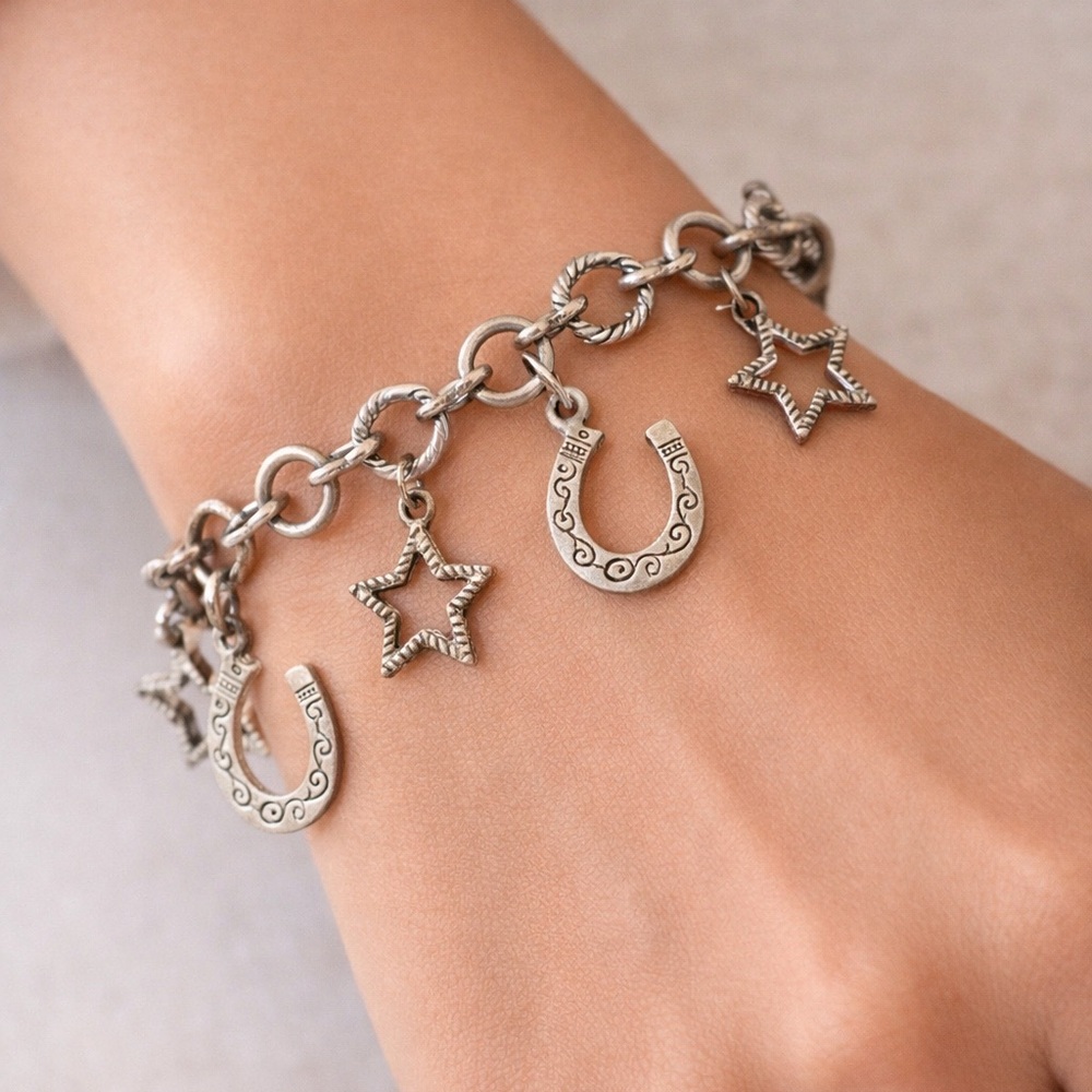 Vintage Western Charm Bracelet Stars Horseshoes Boho Y2K